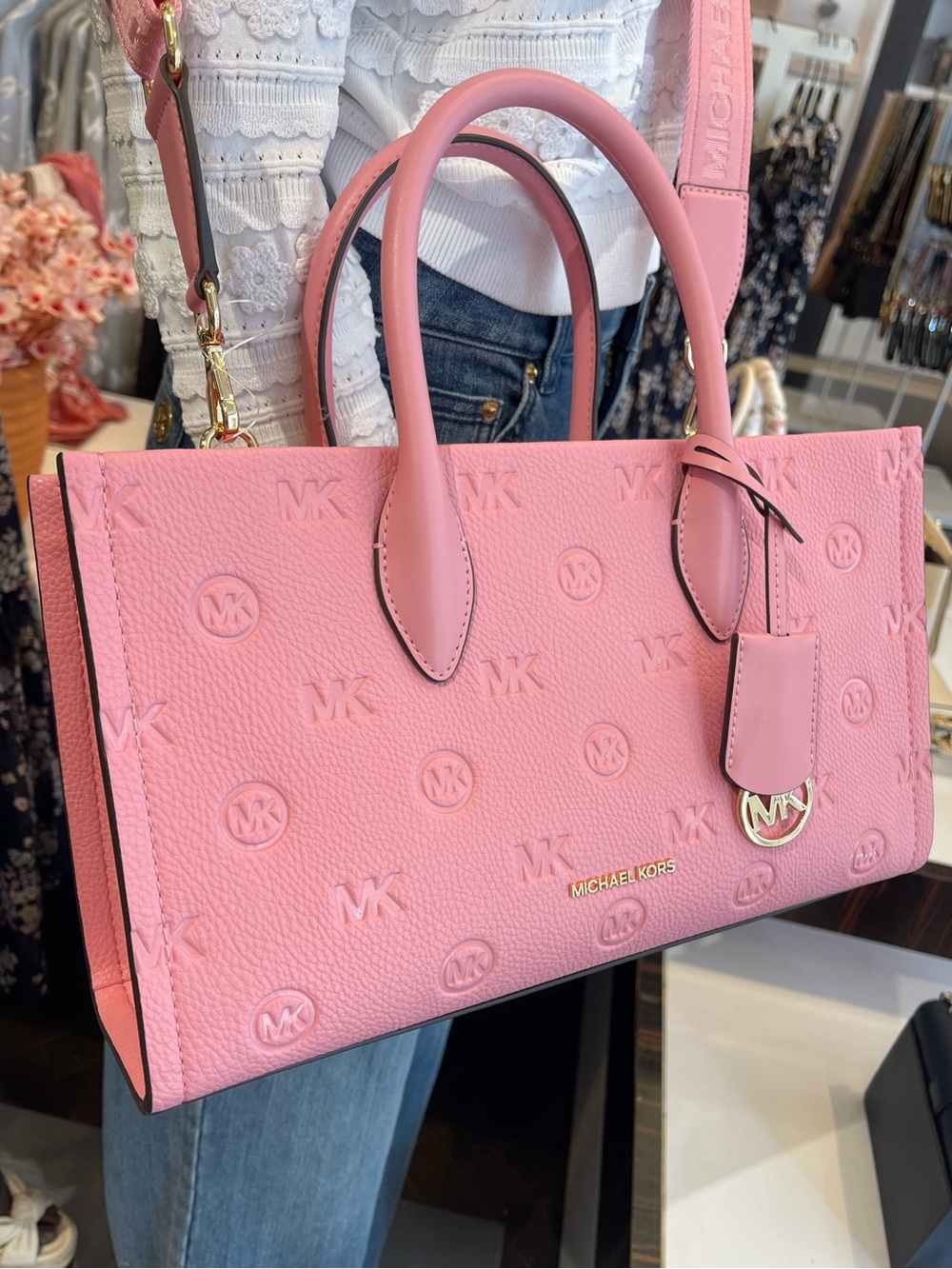 Michael Kors Mirella Md Logo Debossed Satchel Shoulder Tote Handb
Carnation 
NWT